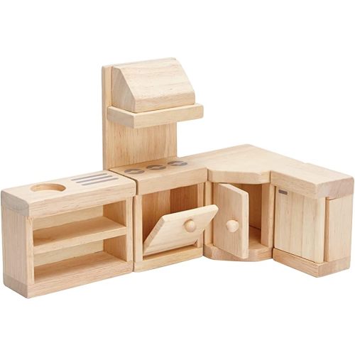 PlanToys Wooden Classic Line of Dollhouse Furniture- Kitchen Set (9013) | Sustainably Made from Rubberwood and Non-Toxic Paints and Dyes |PlanNatural Classic Wooden Toy Collection