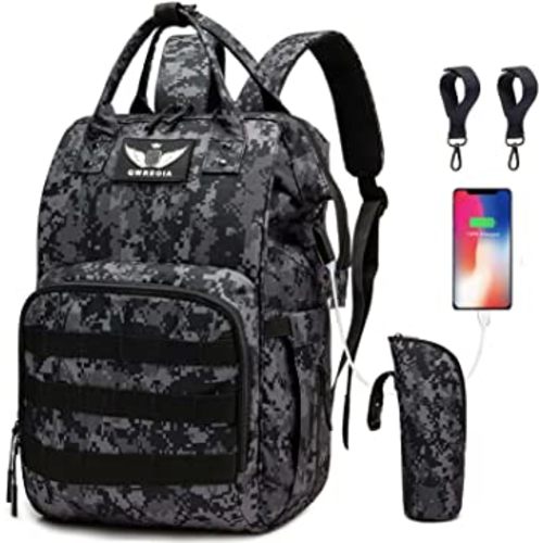 QWREOIA Diaper Bag Backpack with USB Charging Port Stroller Straps and Insulated Pocket,army military Travel Nappy Backpack for Dad/Mom (Black Camo)