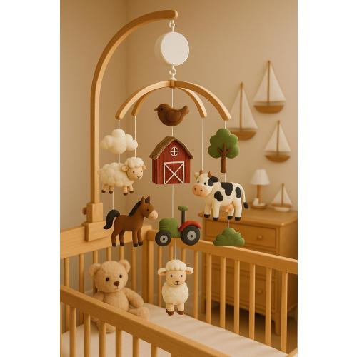 Farm Animal Baby Mobile - Handmade Movable Crib Mobile with Cow, Horse, Tractor & Barn - Rustic Nursery Decor - Ideal for Baby Shower Gift