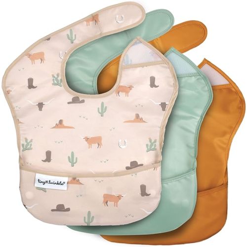 Tiny Twinkle Mess-Proof Baby Bib - Waterproof Bib for Baby Boy or Girl - PFAS, PVC, BPA, Phthalate Free - Baby Food Bibs - 3 Pack - 3-pack Cowboy