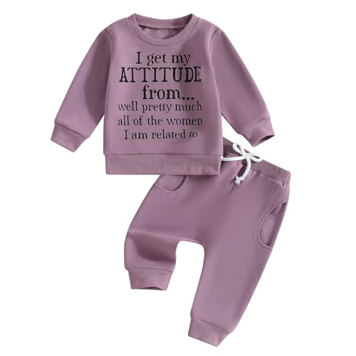 Mandizy Baby Girl Fall Clothes Funny Letter Print Long Sleeve Crew Neck Sweatshirt Casual Pants Set Toddler Winter Outfit