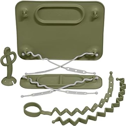 BUSY BABY New Parent Start Up Kit - Original Placemat, Mini Mat, Teether Spoon, Toy Bungee, Bottle Bungee, 6 Straps (Olive)