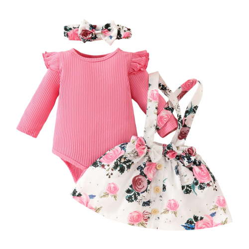 CAICJ98 Newborn Baby Girl Clothes Romper Suspender Dress Fall Winter Outfits Ruffle Long Sleeve Jumpsuit Hot Pink,Size 9-12 Months