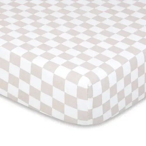 Bilbi Cot Fitted Sheet Check Natural | Baby Bunting AU