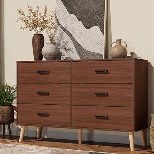 Bigbiglife Wood Dresser for Bedroom with 6 Drawer Mid Century Modern Dresser Double Chest of Drawer (Walnut Brown)