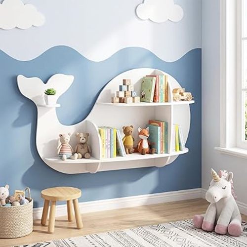 Costzon Whale-Shaped Wall Shelf, Wooden Floating Bookshelf with 6 Open Shelves, Wall-Mounted Storage Organizer Display Rack for Kid’s Room Living Room Nursery, White