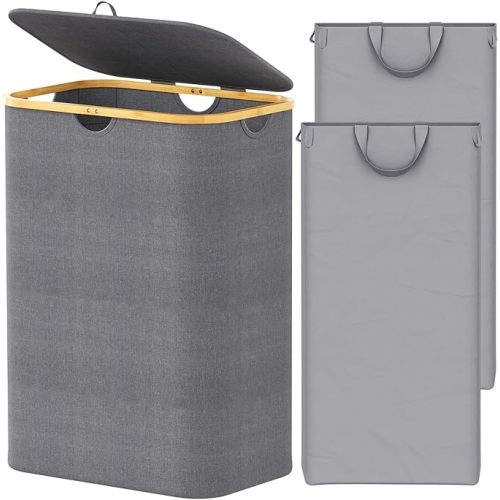 SpaceAid Slim Laundry Hamper with Lid, 65L Narrow Clothes Basket Bin with Bamboo Handles, Skinny Tall Collapsible Hamper for Bedroom, Bathroom, Dorm, Laundry Room - Grey