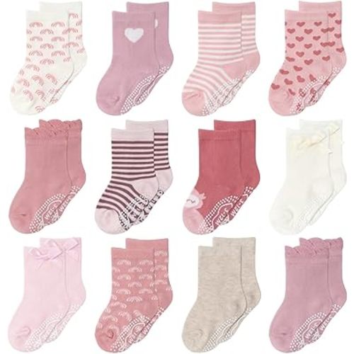 The Peanutshell Organic Baby Girl Socks for 3-12, 12-24 Months - Non-Slip Grip, 100% Cotton Baby Crew Socks - Blush