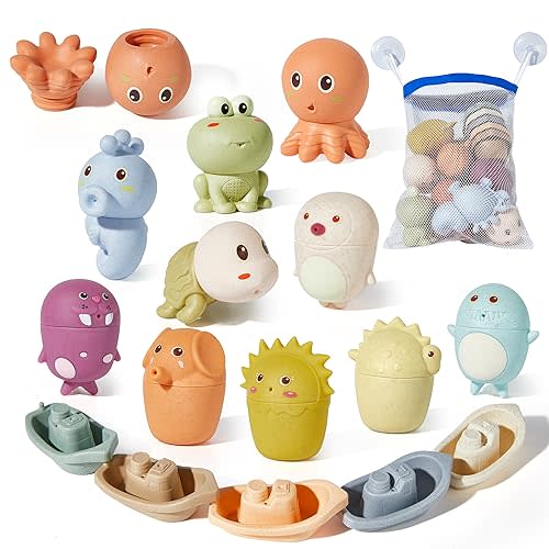 Silicone Animal Bath Toys with Floating Boats for Toddlers 1-3, 15 PCS Mold Free Bathtub Toy for Infants 6-12 Months, Eco-Friendly Non Toxic Water Table Toys