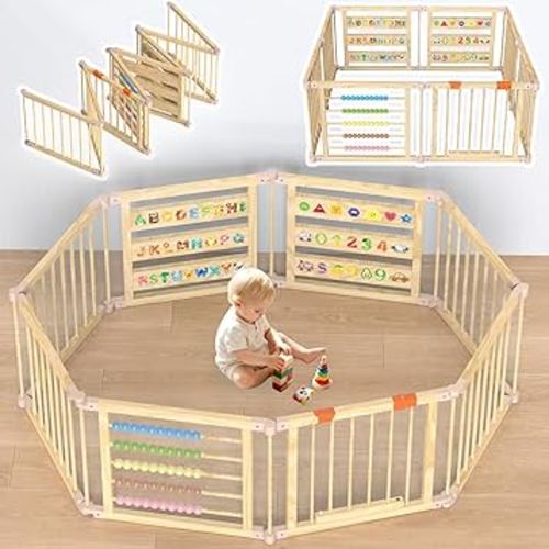 Foldable Wooden Baby Playpen with Gate, Wood Baby Play Pen Play Yard with Educational Abacus, Alphabet Board, Shape Color Board & Child Proof Lock, Wood Playpen for Babies and Toddlers 57×57×23 inch