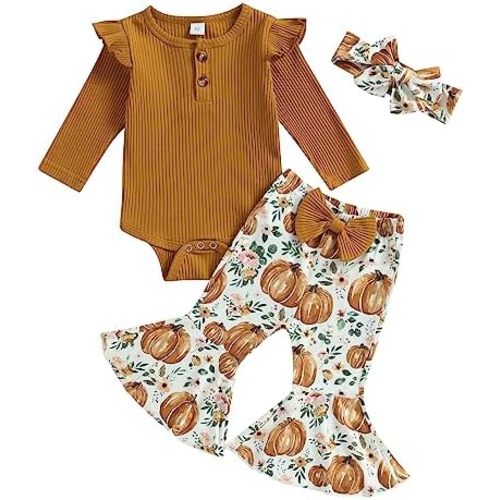 fhutpw Baby Girl Clothes Newborn 3 6 12 18 Months Fall Outfits Ruffle Knitted Long Seeve Romper Top & Flare Pants Sets