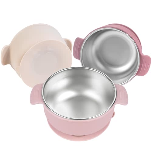Bella’s Friends Stainless Steel and Silicone Baby Bowls with Suction 3 Pack, 4.3” for Toddlers Kids Feeding, Non-Slip, Non-Toxic, Mess-Free, Dishwasher Safe, Fit High Chair Size, light pink beige pink