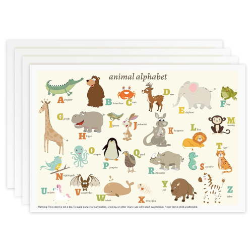 Disposable Stick-on Placemats 40 Pack for Baby & Kids, Restaurant Table Mats 12" x 18" Sticky Place Mats, Toddler Baby Placemat, Animal Alphabet Theme