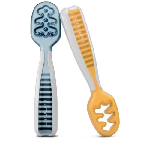 NumNum Baby Spoons Set, Baby Essentials Pre-Spoon GOOtensils for 6+ Months, First Stage Self-Feeding Spoons for Baby Led Weaning (BLW), Silicone Toddler Utensils, BPA-Free, 2 Pack Blue/Orange