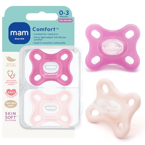 MAM Comfort Baby Pacifier 0-3 Mths Lightweight One-Piece Silicone 2 Pack
