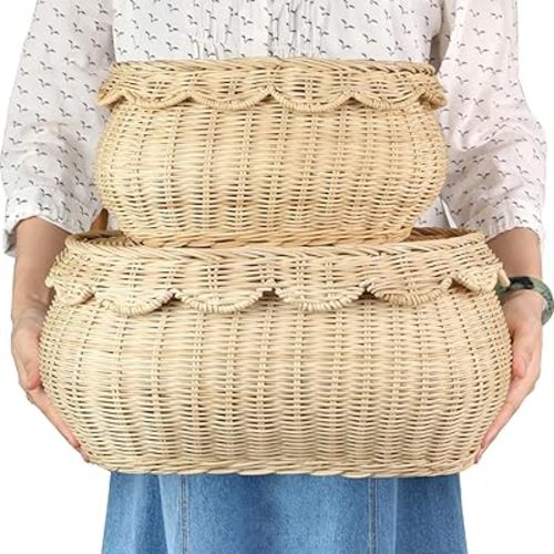 2pcs Hand Woven Rattan Scallopped Baskets with Lid, Small Rattan Basket, Decorative Wicker Storage Baskets, Storage Basket for Living Room, Bathroom, Bedroom, Food, Bread, Picnic