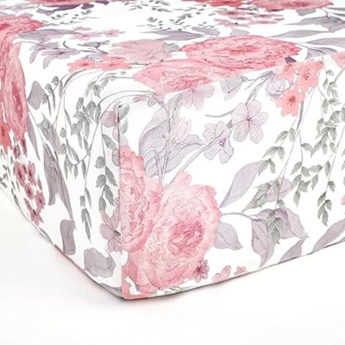 Sábanas de cuna para niños y niñas, ultra suaves, neutras, sábana bajera para cuna, 52 x 28 pulgadas, se adapta a colchón estándar de cuna y niño pequeño, rosa floral
