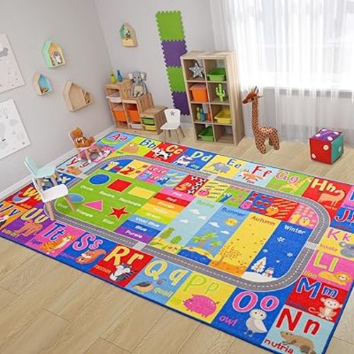 Kids Rug for Playroom Classroom, ABC Alphabet Numbers Play Toddlers Rugs, 5x7 Learning Educational Bedroom Floor Mat, Washable Baby Carpet for Boys Room, Nursery, Preschool, Daycare