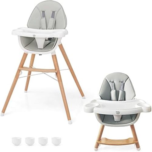 BABY JOY Baby High Chair, Wooden High Chair for Babies & Toddlers with Dishwasher Safe Double Removable Tray, Infant Feeding Chair with 5-Point Safety Harness & Detachable PU Seat Cushion (Gray)