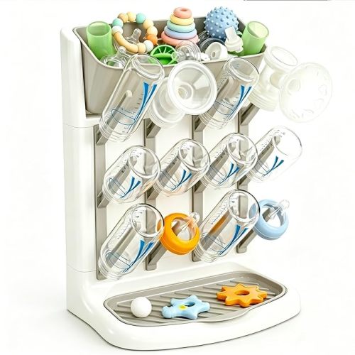 GoMaihe Baby Bottle Drying Rack: Space Saving Vertical Bottle Dryer Holder - The Large Top Compartment Storage Stand Organize Brushes Pacifiers on Countertop - BPA-Free - Gray