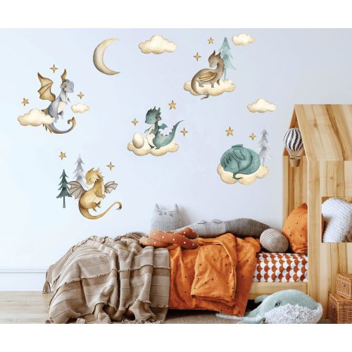 Dragon wall decal, Nursery wall decal, Watercolor animals wall sticker, Fairy wall decal, Boys room decal