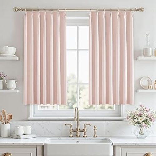 Pinch Pleated Blackout Curtains 45 Inch Long for Bedroom & Living Room 2 Panels Set, Pink Room Darkening Thermal Insulated Noise Reducing Drapes, Back Tab/Rings/Hooks Curtain