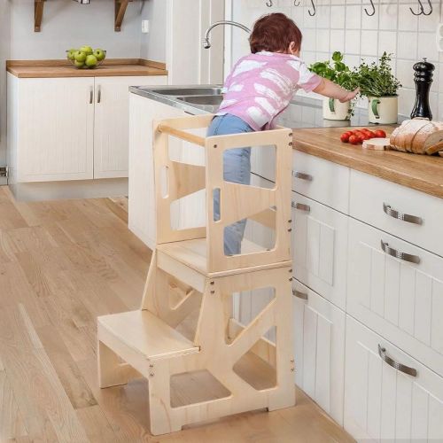 Gotgelif Toddler Standing Tower Step Stool, Durable Montessori Climbing Ladder With Safety Rail Wooden