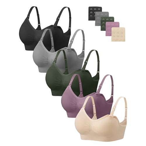 Angelhood Nursing Bra 5 Pack Womens Maternity Breastfeeding Seamless Wireless Sleep Bra with Extenders