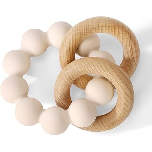 Socub Baby Teething Toys for 0-6 6-12 Months- BPA-Free Food-Grade Silicone & Natural Beech Wood Teether Ring for Newborn Infants Teething Relief- Easy-Grip Sensory Rattle Toys(Shifting Sand)