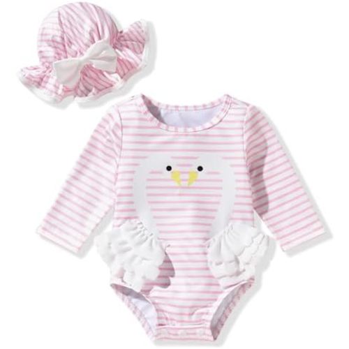 Newborn Infant Baby Girls Long Sleeve Swimsuit with Hat