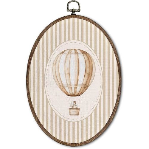FLAWAFLOMA Vintage Hot Air Balloon Nursery Oval Wall Art Decor, Kids Room Canvas Wall Art Framed, Hot Air Balloon Hanging Decorations for Kids Toddler Boy Girl Nursery Room Decor, 8.6x11.4 Inch
