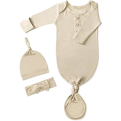 Newborn Baby Knotted Gown, Super Soft Silky Infant Sleeper, Baby Girl Sleep Gown with Mittens, Bow, and Hat Set