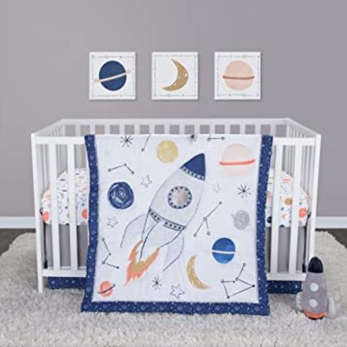 Sammy & Lou Cosmic Rocket 4-Piece Baby Nursery Crib Bedding Set, Includes Quilt, Fitted Crib Sheet, Crib Skirt, and Plush Toy