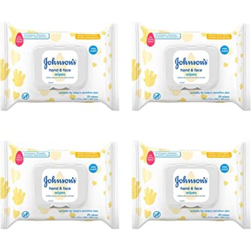 Johnson's Baby Hand & Face Baby Sanitizing Cleansing Wipes for Travel and On-The-Go, No More Tears Formula, Paraben and Alcohol Free, 25 ct, Case of 4