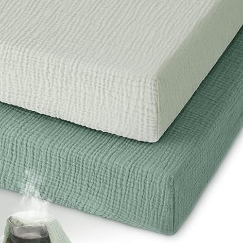 Muslin Pack and Play Sheets Fitted, 100% Cotton Mini Crib Sheets 2 Pack for Pack N Play Mattress, Stretchy Playard Sheet, Soft and Breathable Gradient Green