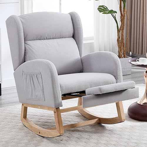 NIOIIKIT Oversized Nursery Rocking Chair with Footrest, Linen Upholstered Glider, Rocker with Side Pocket, Accent Reading Chair for Living Room (Grey Linen)
