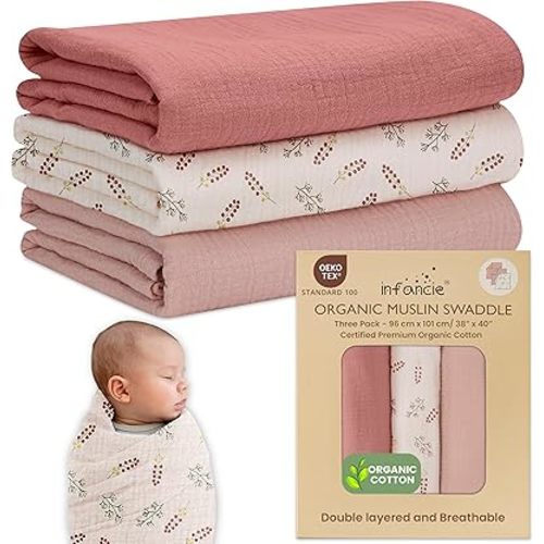 Organic Cotton Muslin Baby Blanket 3 Pack - 38x40 Inch Breathable Swaddle, Hypoallergenic Double-Layer, Versatile Use (Pink, Floral, Rust, 38x40 Inch)