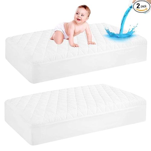 GRT 2 Pack Waterproof Crib Mattress Protector, Quilted Baby Mattress Cover Fitted Deep Pocket from 4" up to 9", Extra Soft Breathable & Noiseless Toddler Mattress Pad 52"x28", White