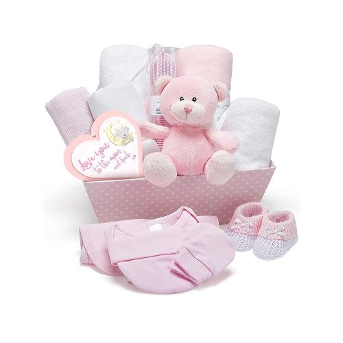 Baby Box Shop - Baby Shower Gifts for Girls - 14 Girl Newborn Essentials Girl Gifts, Includes Teddy Bear, Bodysuit, Bib, Mittens, Hat, Towel - Basket Gifts for Newborn Girl - Pink