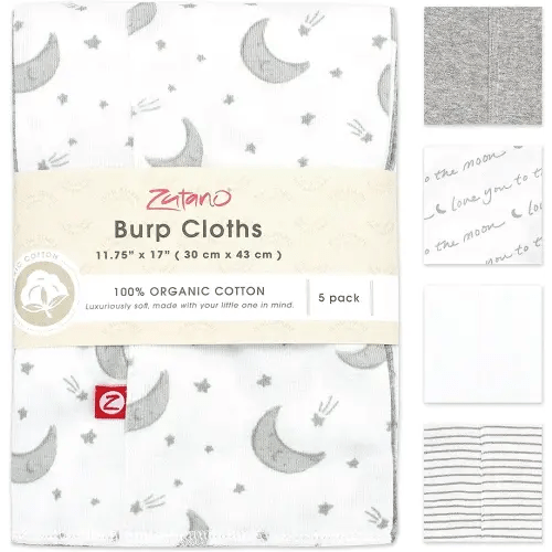 Zutano 5-Pack Organic Burp Cloths for Baby Girl & Boy, Large Cotton Burping Cloths for Babies | Absorbent Baby Spit-Up Rags | Gender Neutral Burp Clothes | Newborn Essentials, Love You to The Moon
