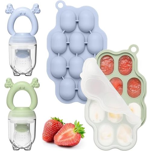 KingKam Baby Breastmilk Popsicle Molds & Baby Fruit Feeder (2 Pack), Baby Food Freezer Tray Storage Containers, Silicone Pacifier Feeder and Teether