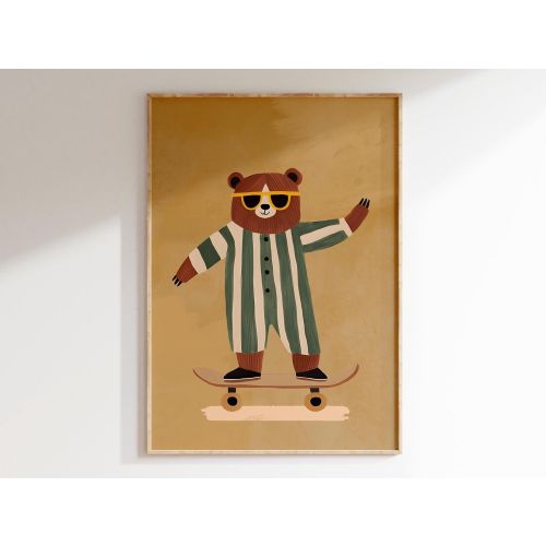 Cool Skateboarding Bear Wall Art for Kids – Retro Gold Print (Digital Download)
