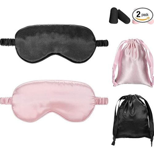 Silk Satin Sleeping Mask Eye Mask Set Include 2 Blindfold Eyeshade Elastic Strap Double Layer Silk Filling Eye Cover 2 Ear Plugs 2 Storage Bags for Women and Men Sleep Travel Nap (Black, Pink)