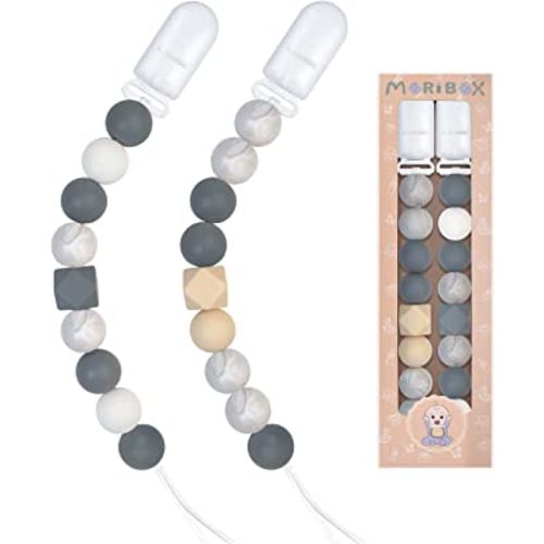 Pacifier Clips for Baby Boys Girls Paci Clip Holder Birthday Gift 2 Pack (Grey)