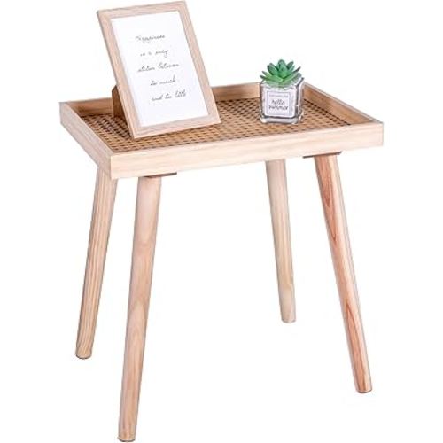 Rattan Side Table Small End Table Wood Accent Table Boho Side Table Rattan nightstand for Living Room Bedroom (1, Natural Wood Color)