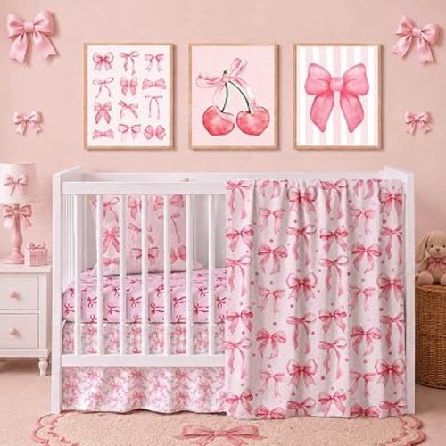 Andrain 5 Pcs Baby Crib Bedding Set, Pink Bow Coquette Nursery Baby Crib Set Includes Blanket, Fitted Crib Sheet & Bed Skirt, Pillow Case, Wall Art Print, for Standard Crib & Toddler Girl
