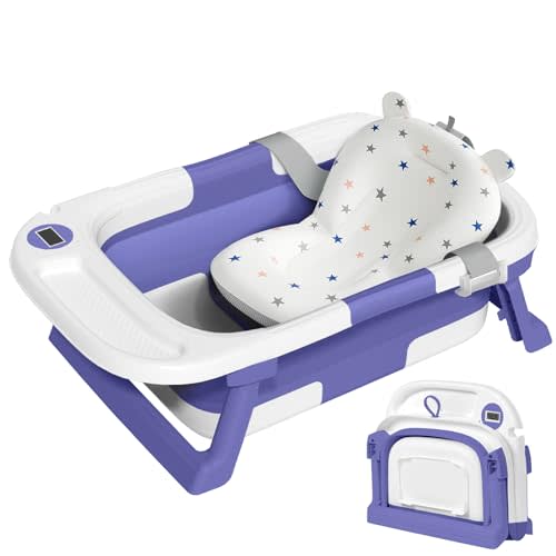 Collapsible Baby Bathtub,Baby Bath Tub with Thermometer & Soft Cushion,Baby Bathtub for Newborn to Toddler 0-36 Months,Portable Travel Baby Tub with No-Slip Feet,Baby Shower Gifts,Lavender
