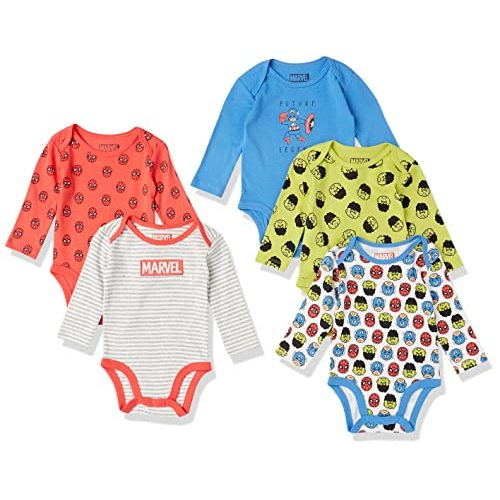 Amazon Essentials Disney | Marvel | Star Wars Unisex Babies' Long-Sleeve Bodysuits - Discontinued Colors, Pack of 5
