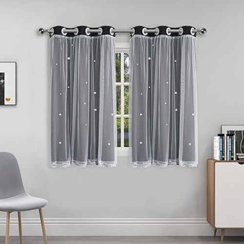 Black Curtains 45 Inch Length 2 Panels Set Short Cute Blackout Curtain for Girls Room Decor Star Cutout Aesthetic Nursery Drapes Double Layer with Lace Sheer Overlay
