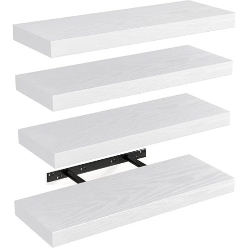 Fixwal 15.8in Floating Shelves, Rustic Wood Finish Wall Shelves Set of 4, Shelves for Wall Decor, with Invisible Brackets for Bathroom, Living Room,Bedroom and Kitchen(White)